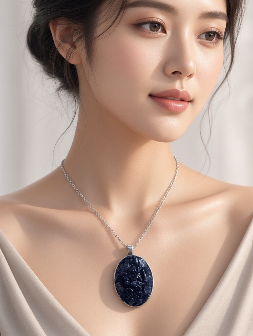 Handmade Necklace with Dark Blue Stone Mosaic Pendant